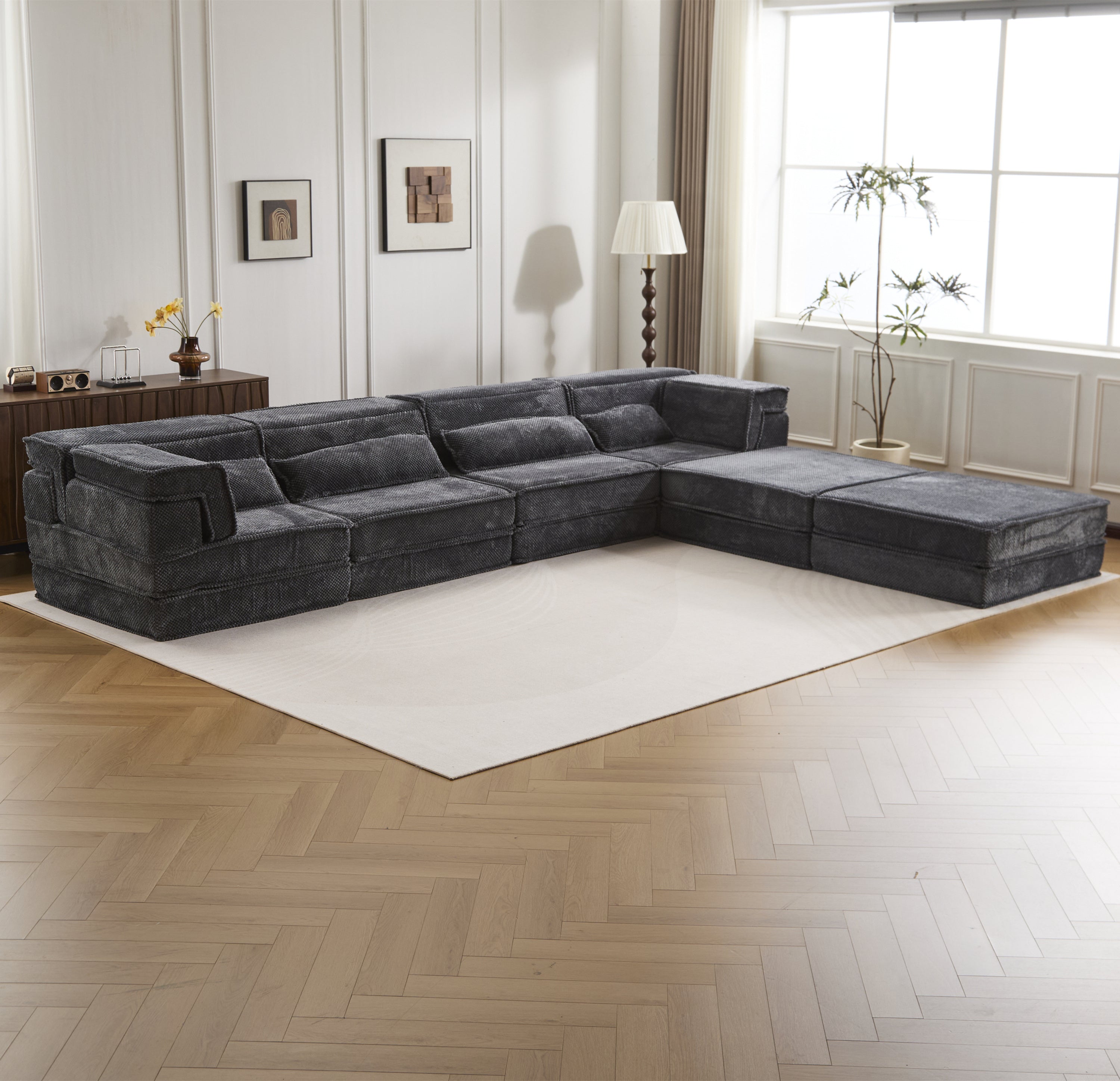 Sectional Sofa Bed Modular Circle Fleece Dark Gray 4 Seat 157 In Convertible