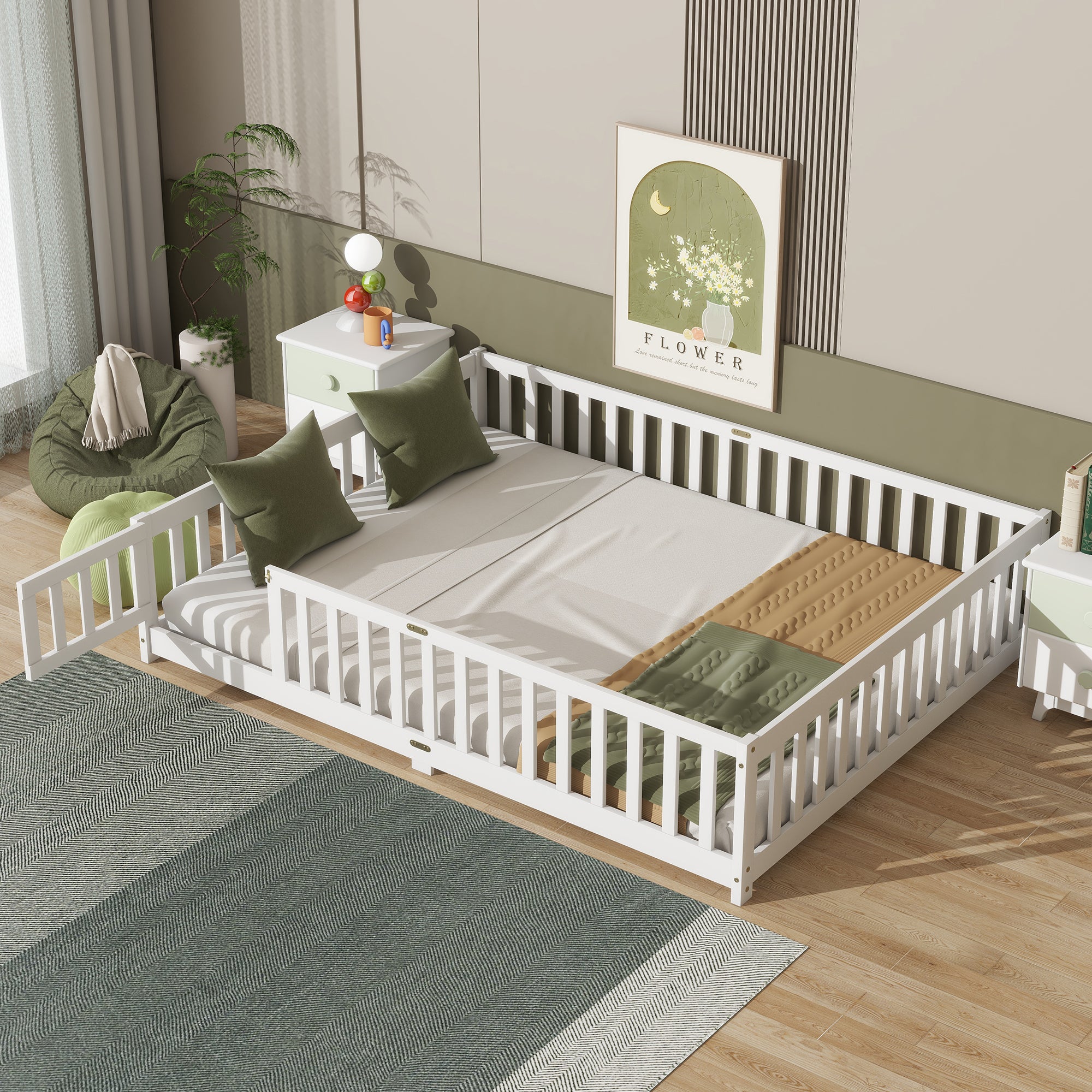Queen Size Floor Bed with Safety Guardrails and Door
