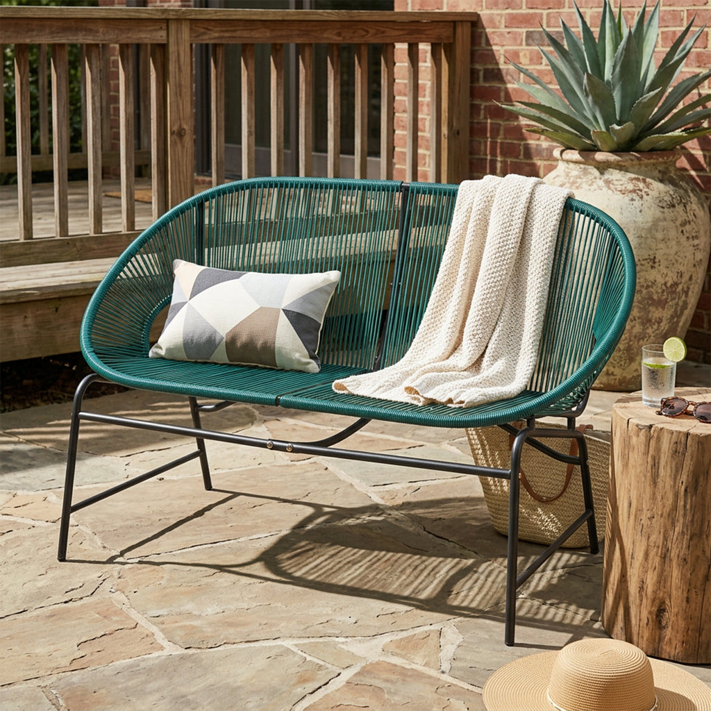 Green PE Rattan Outdoor Patio Wicker Loveseat with Iron Frame