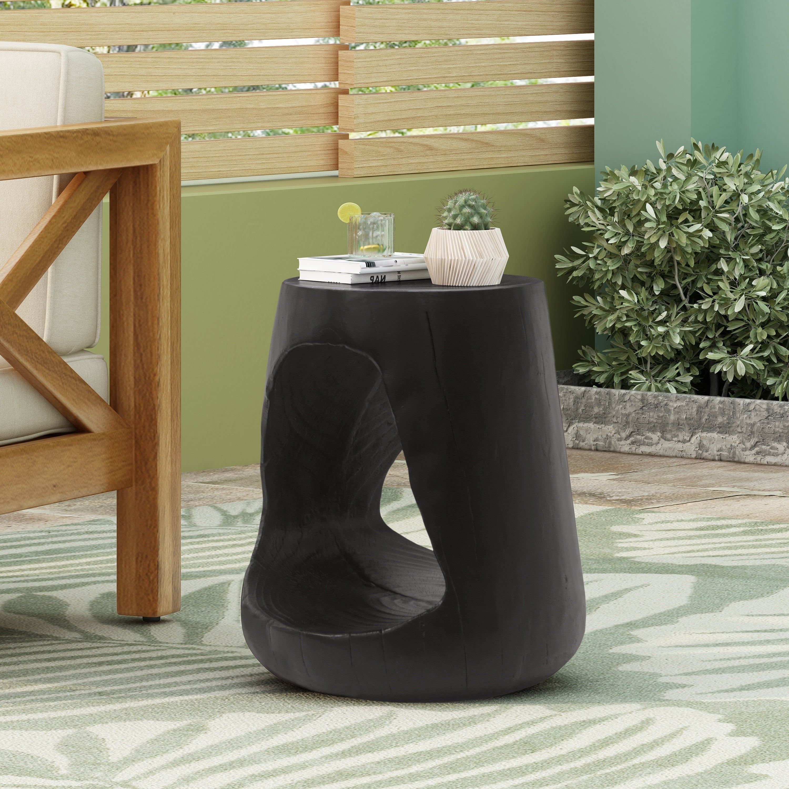 MGO Hollow Side Table, Wood-like Texture, Black, Durable Weather Resistant
