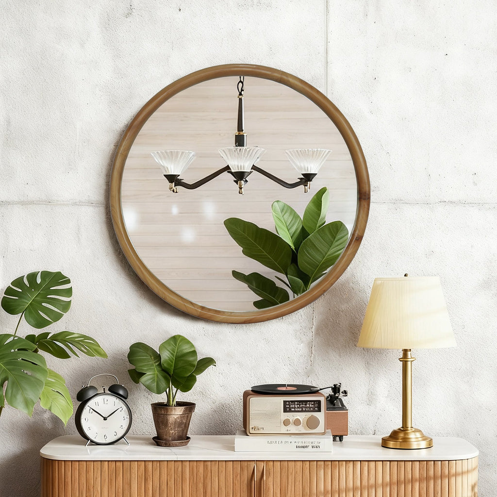 23.62" Round Wood Frame Wall Mirror Mid-Century Modern