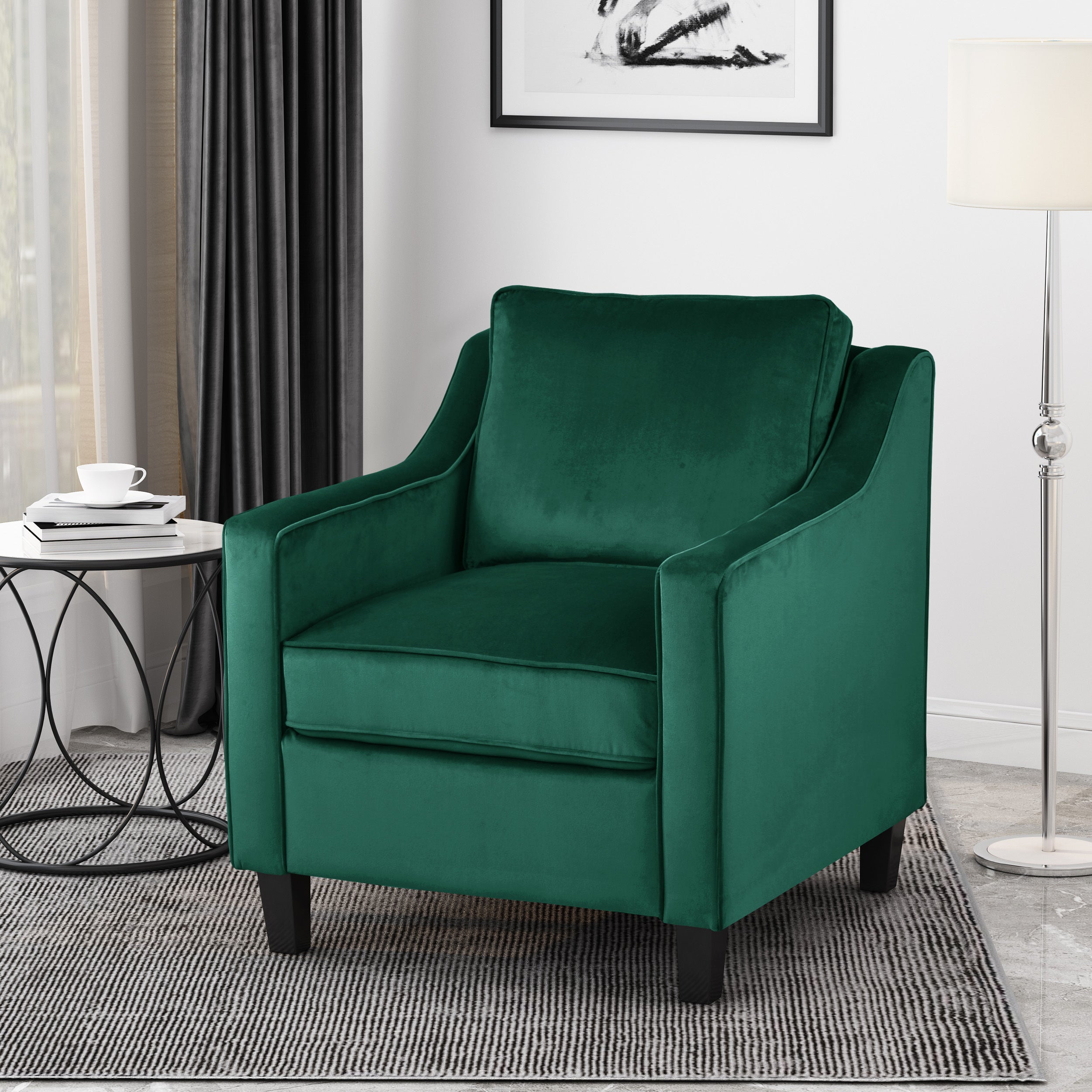 Club Chair Contemporary Velvet Green Birch Legs 31x34x34 In Tonal Piping