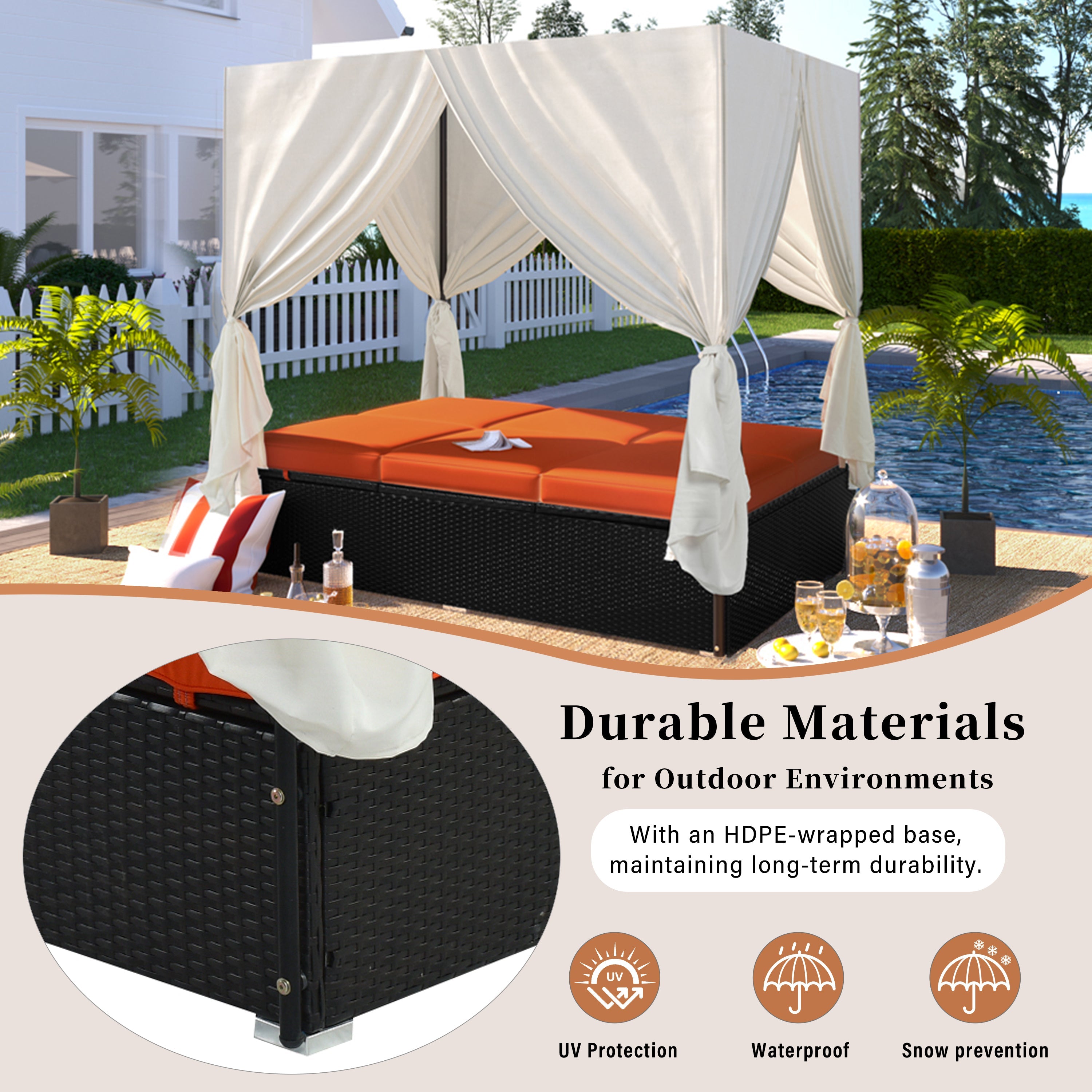 Outdoor Double Chaise Lounge Daybed with Curtains,Patio Outdoor Sunbed with