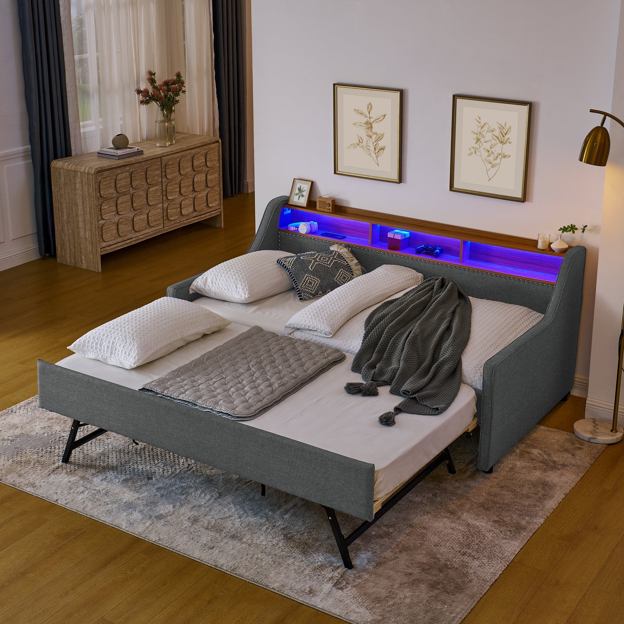 Grey Linen Twin Sofa Bed LED Lights Storage Headboard