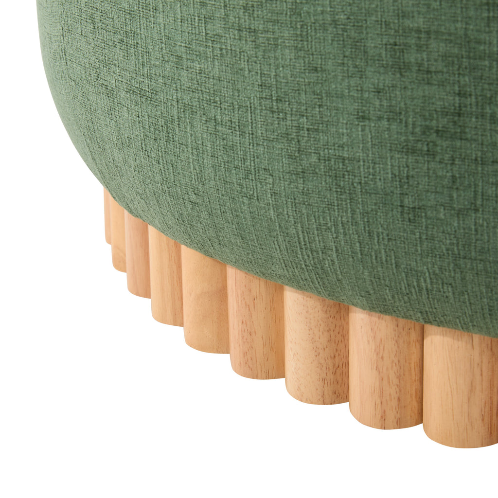 29 Inch Round Storage Ottoman Solid Rubberwood Legs Chenille, Green