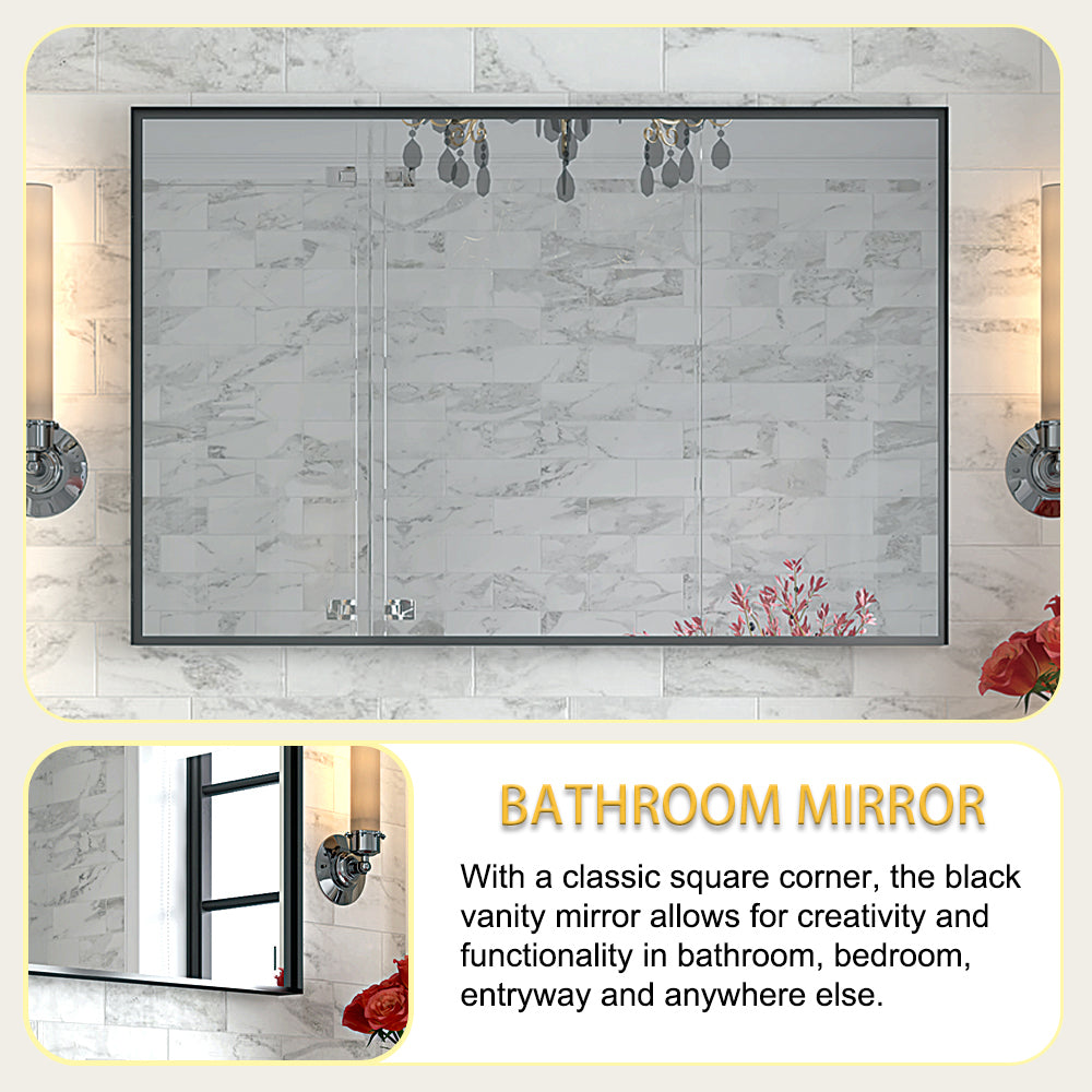 40x30" Glossy Black Bathroom Vanity Mirror Rectangle Wall Mount