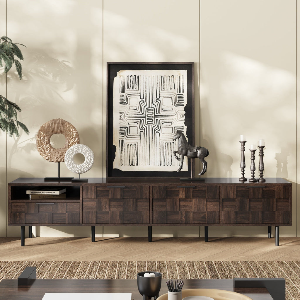 TV Stand Mid-Century Walnut MDF Soft-Close Doors Fits 85 In TV 78.7 In