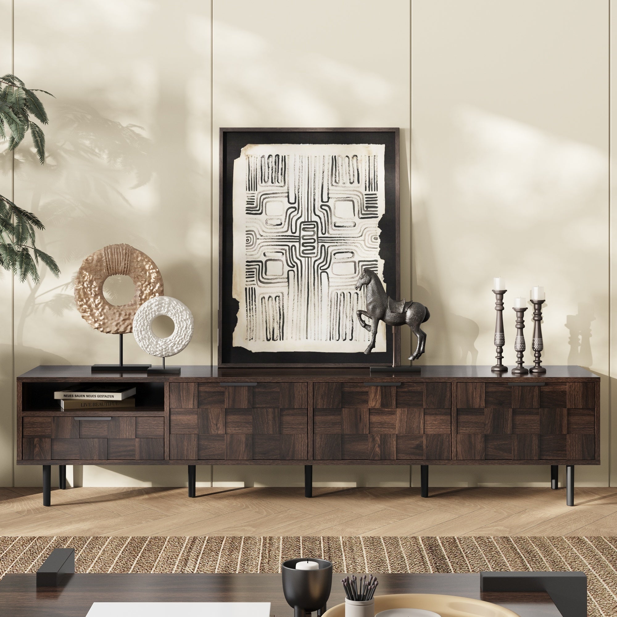 TV Stand Mid-Century Walnut MDF Soft-Close Doors Fits 85 In TV 78.7 In