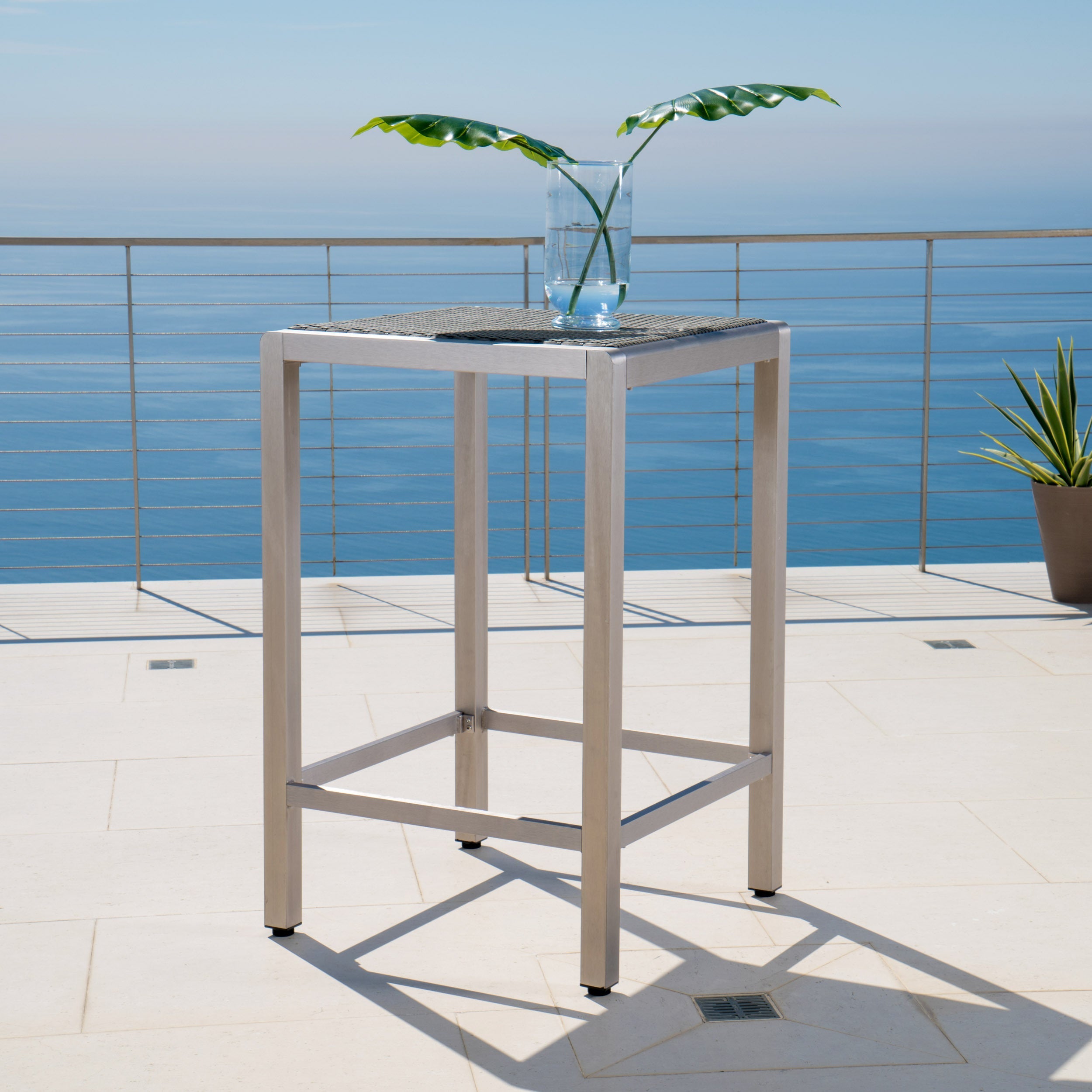 43" Outdoor Aluminum Bar Table with PE Rattan Top, Grey Silver
