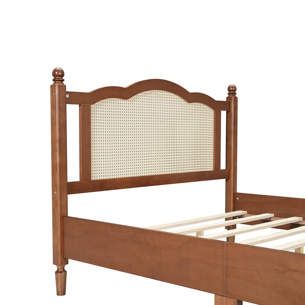 Full Size Wooden Platform Bed with Rattan Headboard