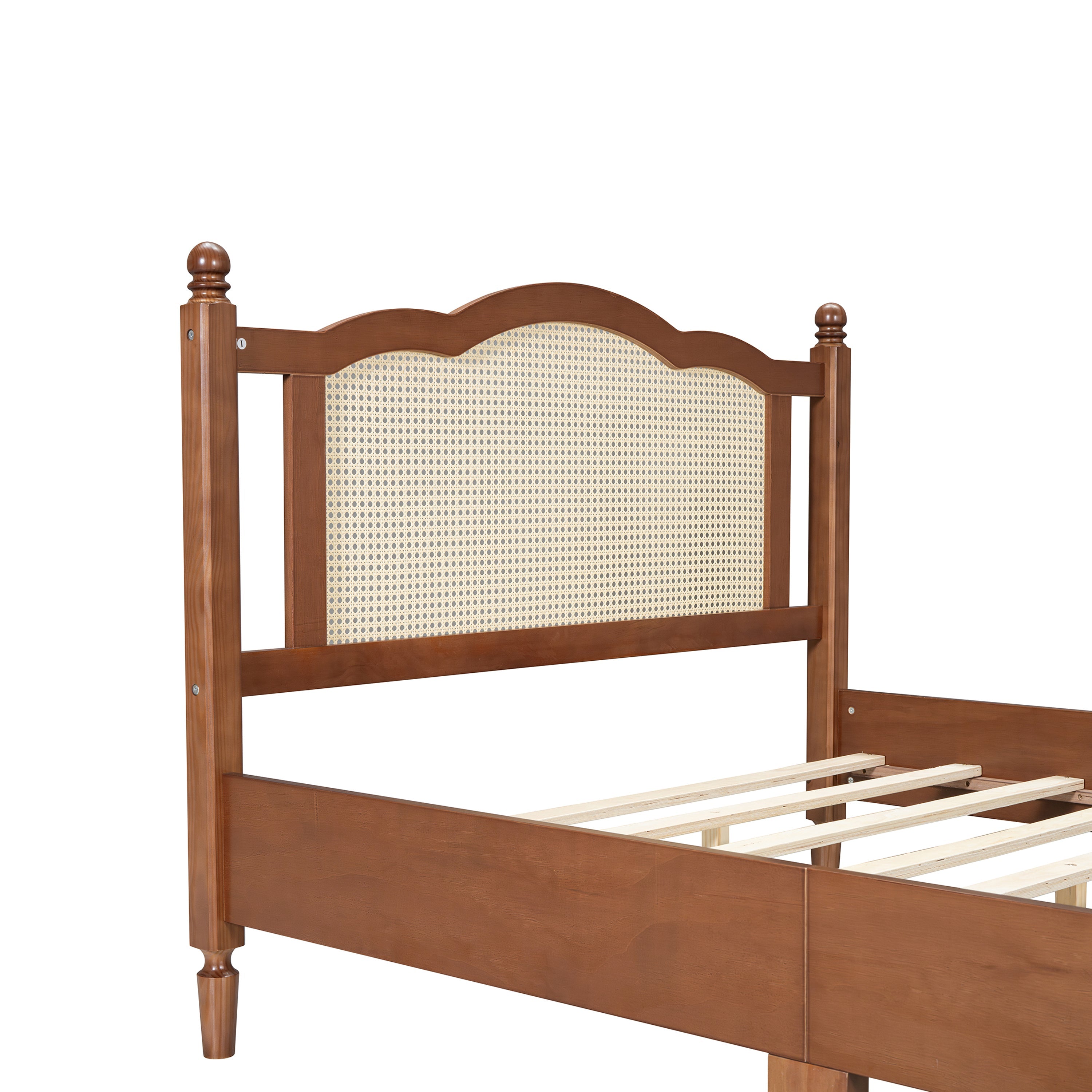 Full Size Wooden Platform Bed with Rattan Headboard