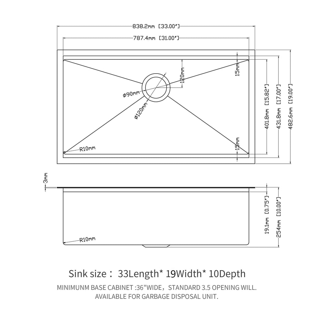 33x19x10 Gunmetal Black Stainless Steel Single Bowl Undermount Sink