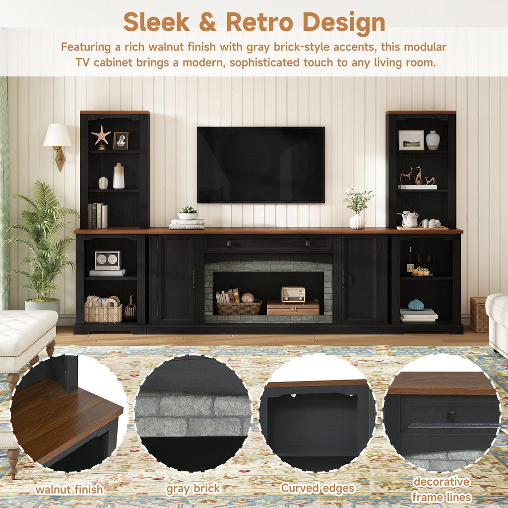 TV Stand 3-Piece Set MDF Walnut Gray Curved Cabinets Fits 70 In TV 109 In
