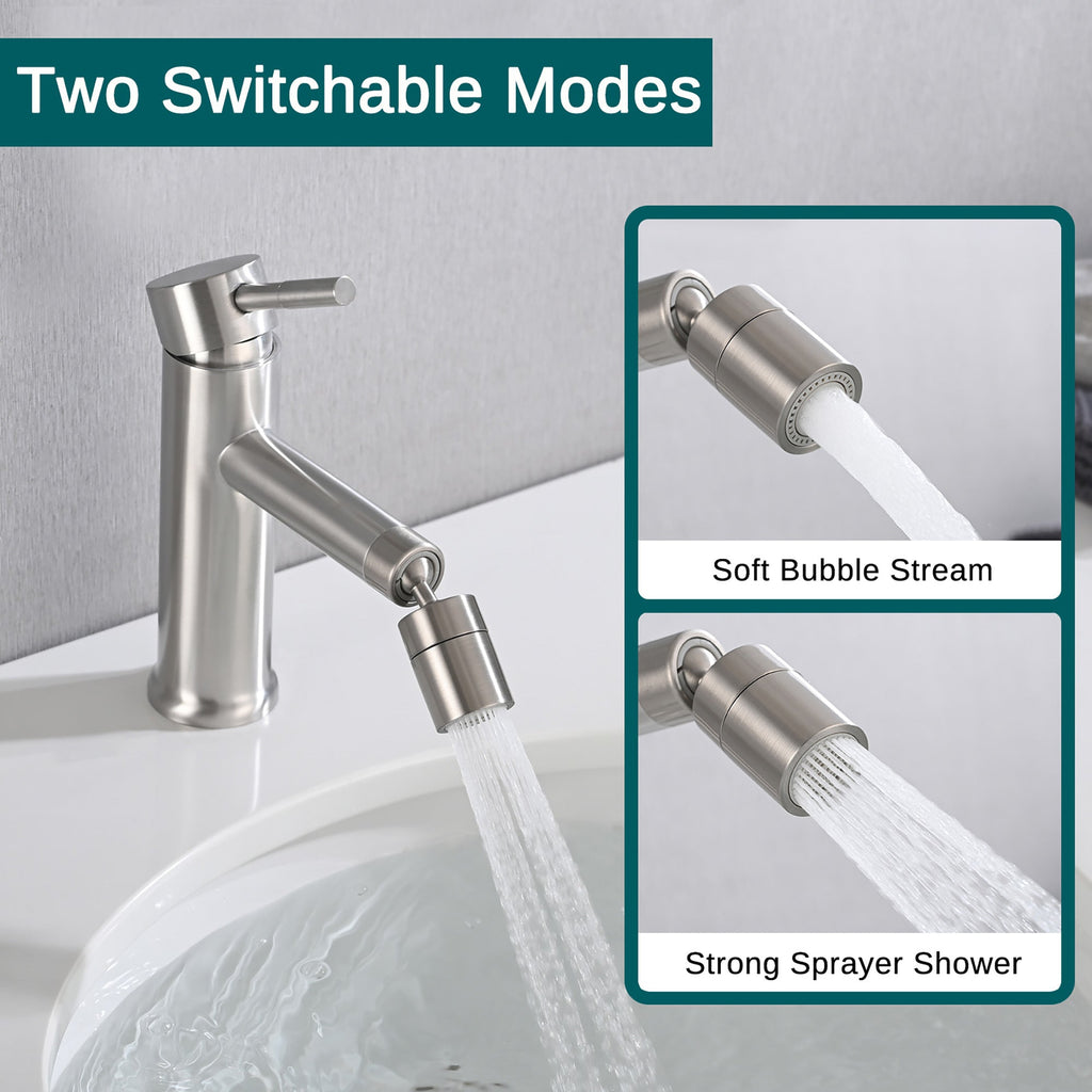 Brushed Nickel Bathroom Faucet 360° Rotating Aerator 2 Mode