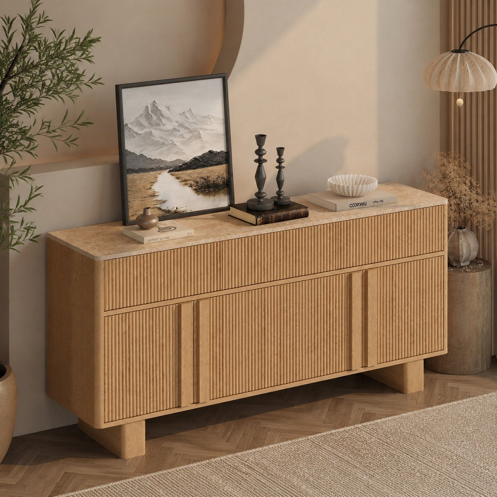 63" Sideboard Buffet Cabinet with Drawers, Faux Marble Top, Light Oak