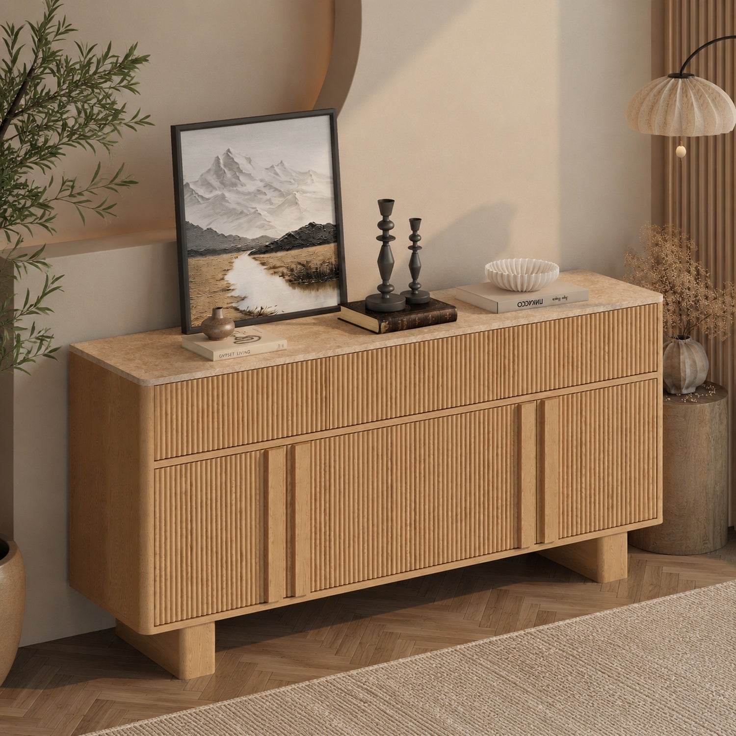 63" Sideboard Buffet Cabinet with Drawers, Faux Marble Top, Light Oak