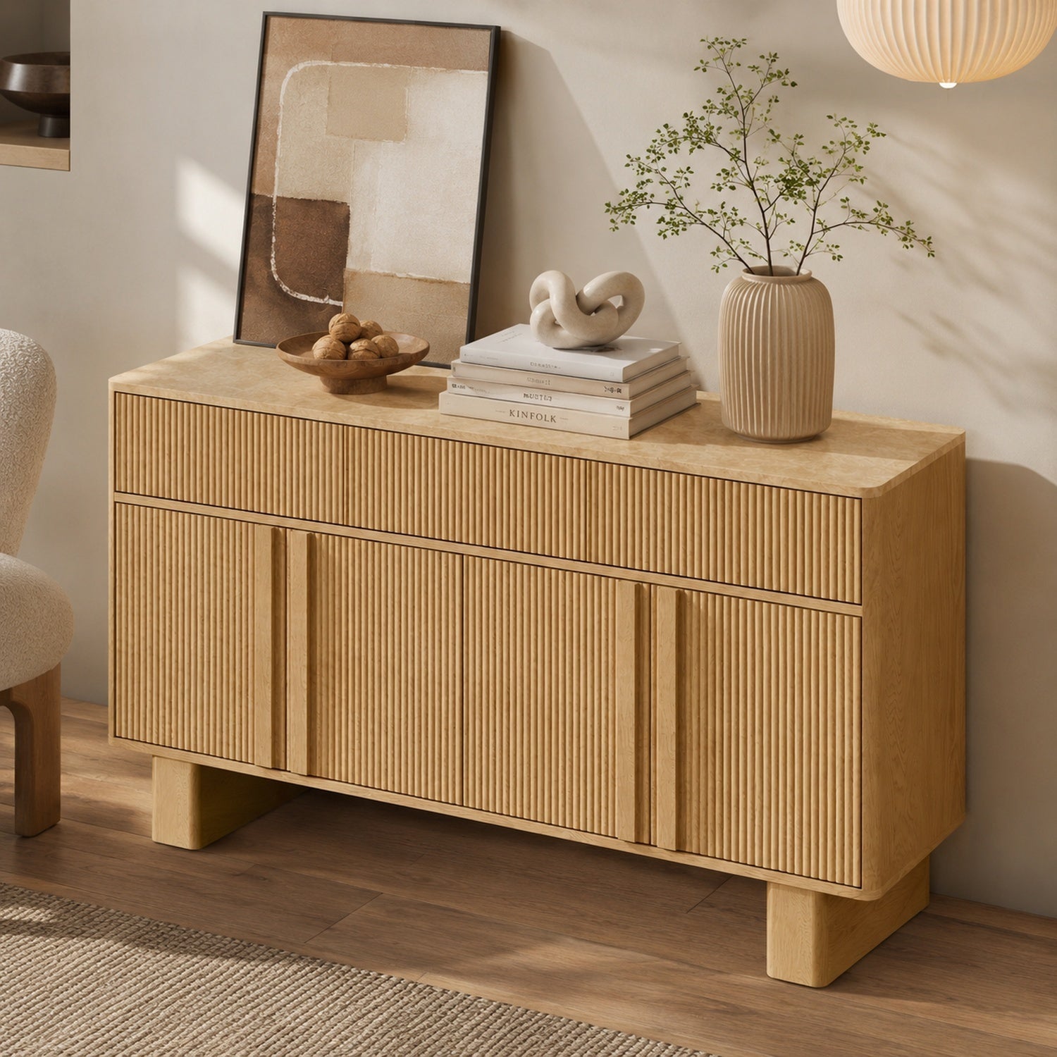 63" Sideboard Buffet Cabinet with Drawers, Faux Marble Top, Light Oak