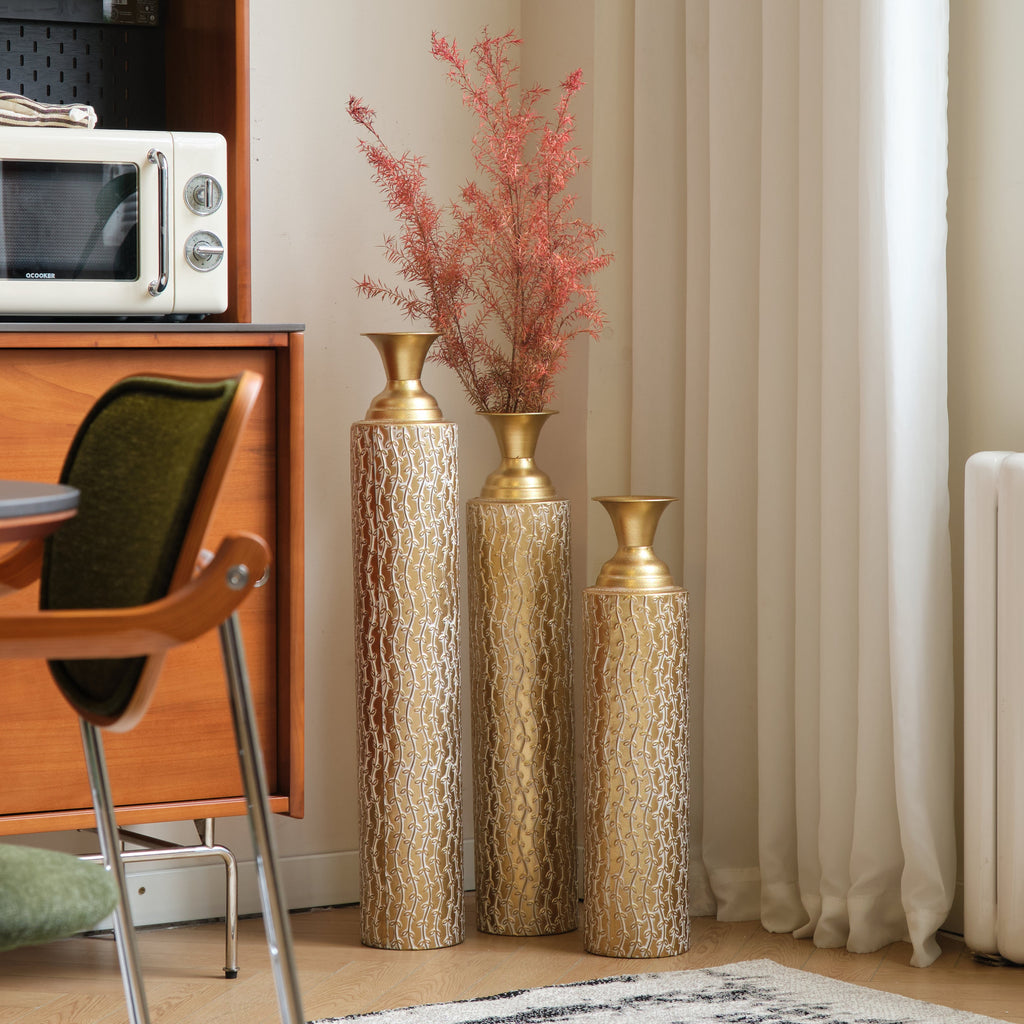 Set of 3 Gold Distressed Metal Vases with Vine Pattern 34
