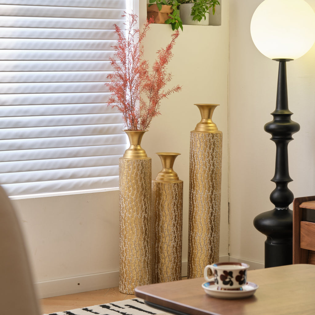 Set of 3 Gold Distressed Metal Vases with Vine Pattern 34
