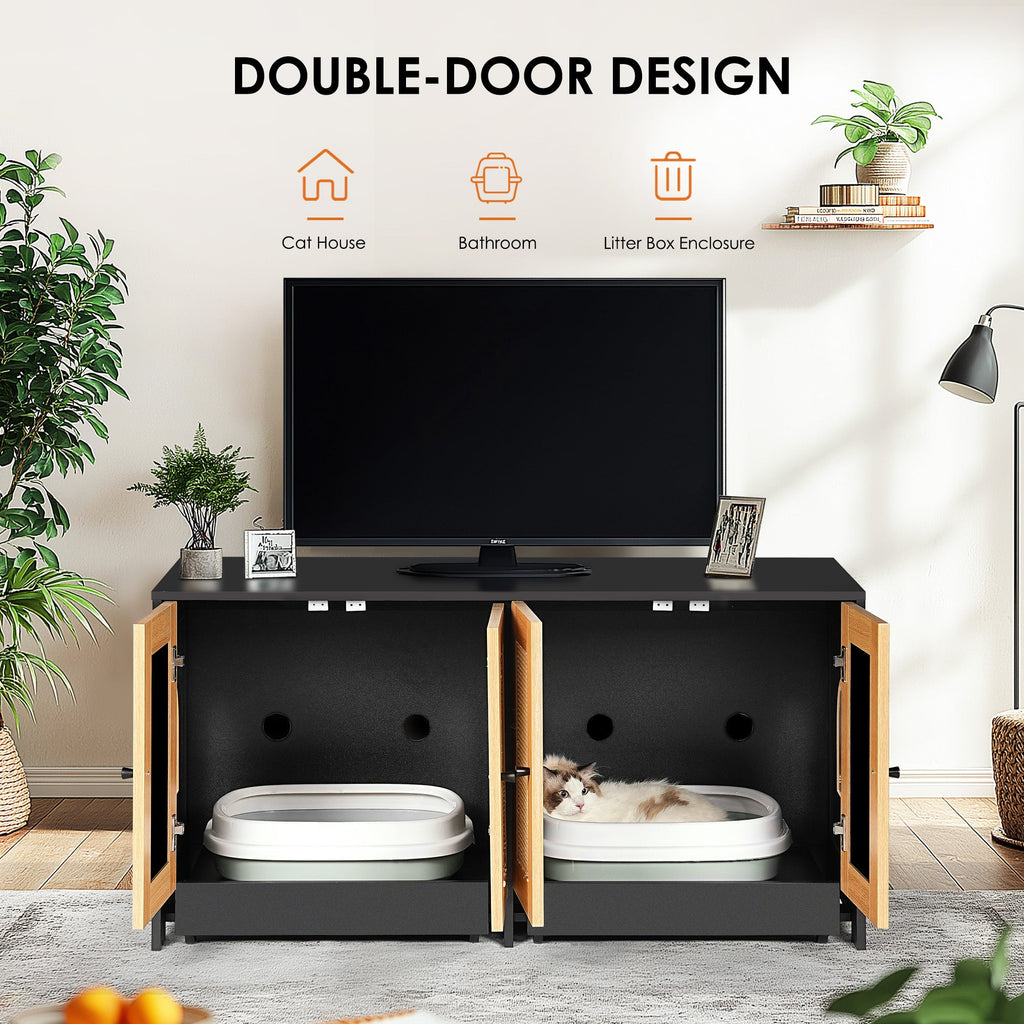 Black Double Litter Box Enclosure with Rattan Doors