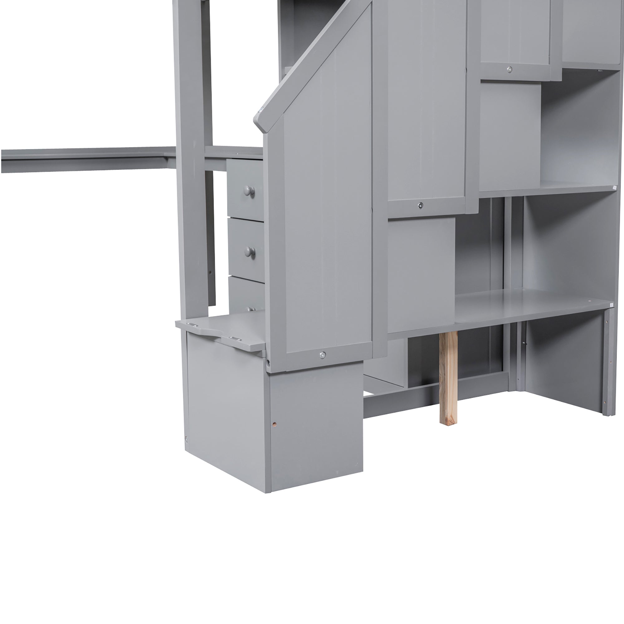 Gray Twin Size Loft Bed with L-Shaped Desk, Drawers, Cabinet and Storage Stai...