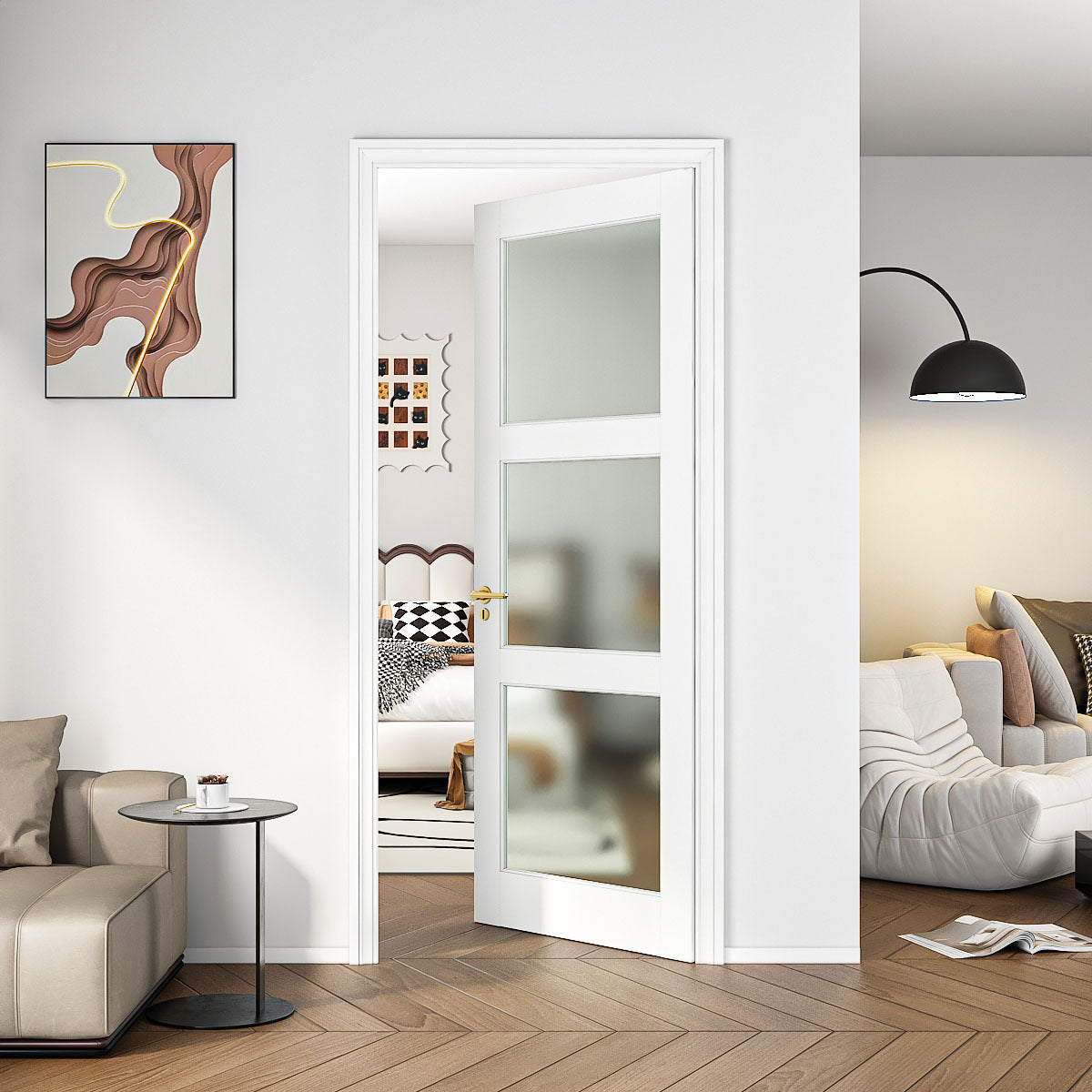 28" x 80" 3-Lite French Tempered Frosted Glass Interior Door Slab