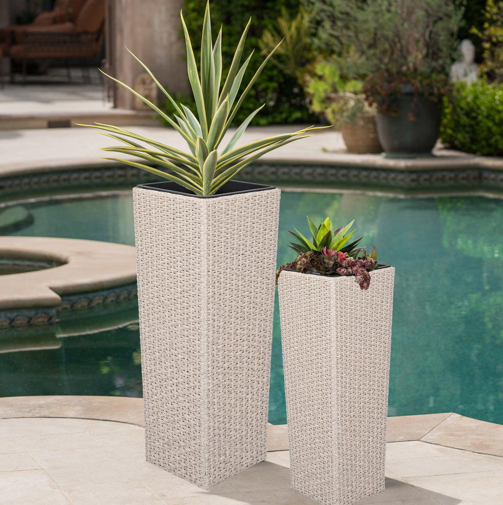 Outdoor PE Wicker Flower Pots 2-Piece Set Beige