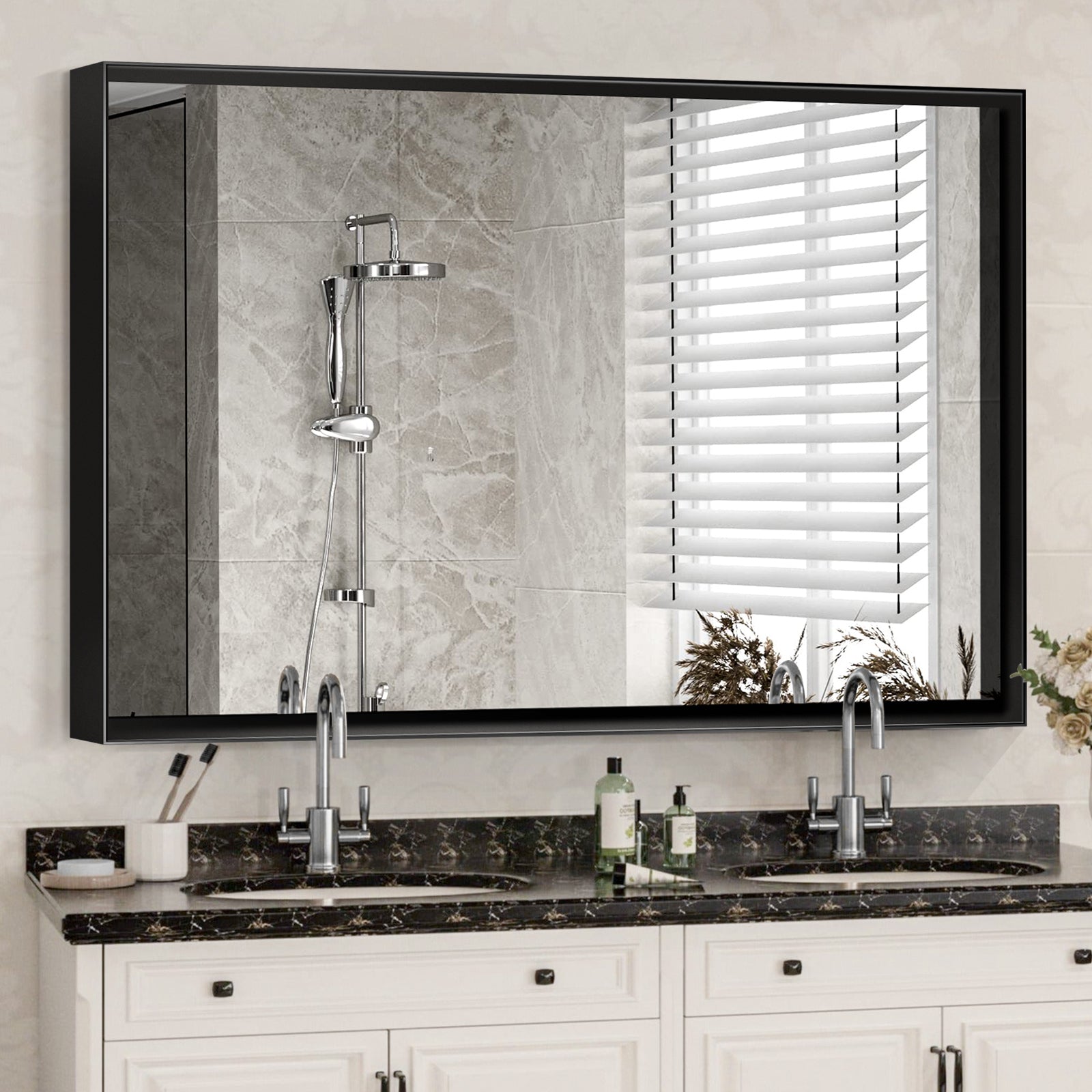 40x30" Glossy Black Bathroom Vanity Mirror Rectangle Wall Mount