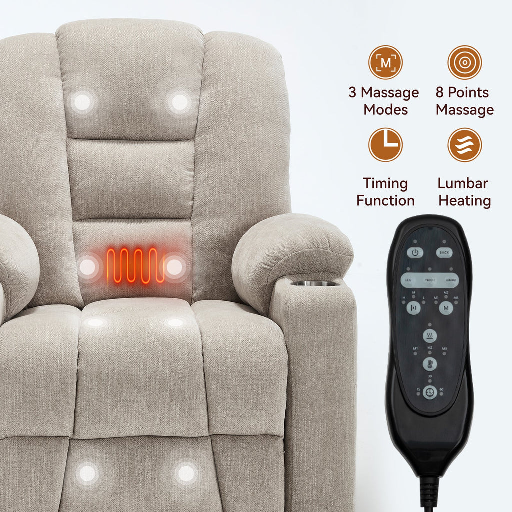 Power Lift Recliner Chair Massage Heat USB Ports Beige