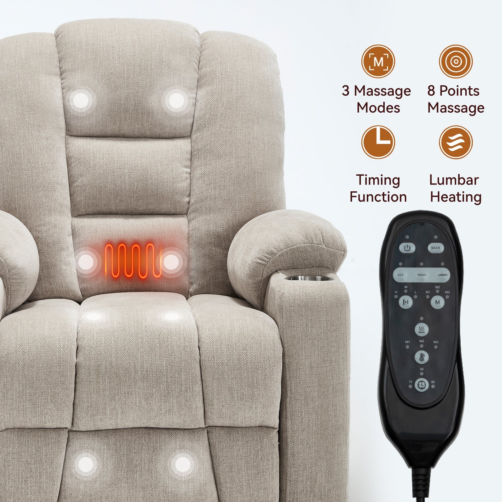Power Lift Recliner Chair Massage Heat USB Ports Beige