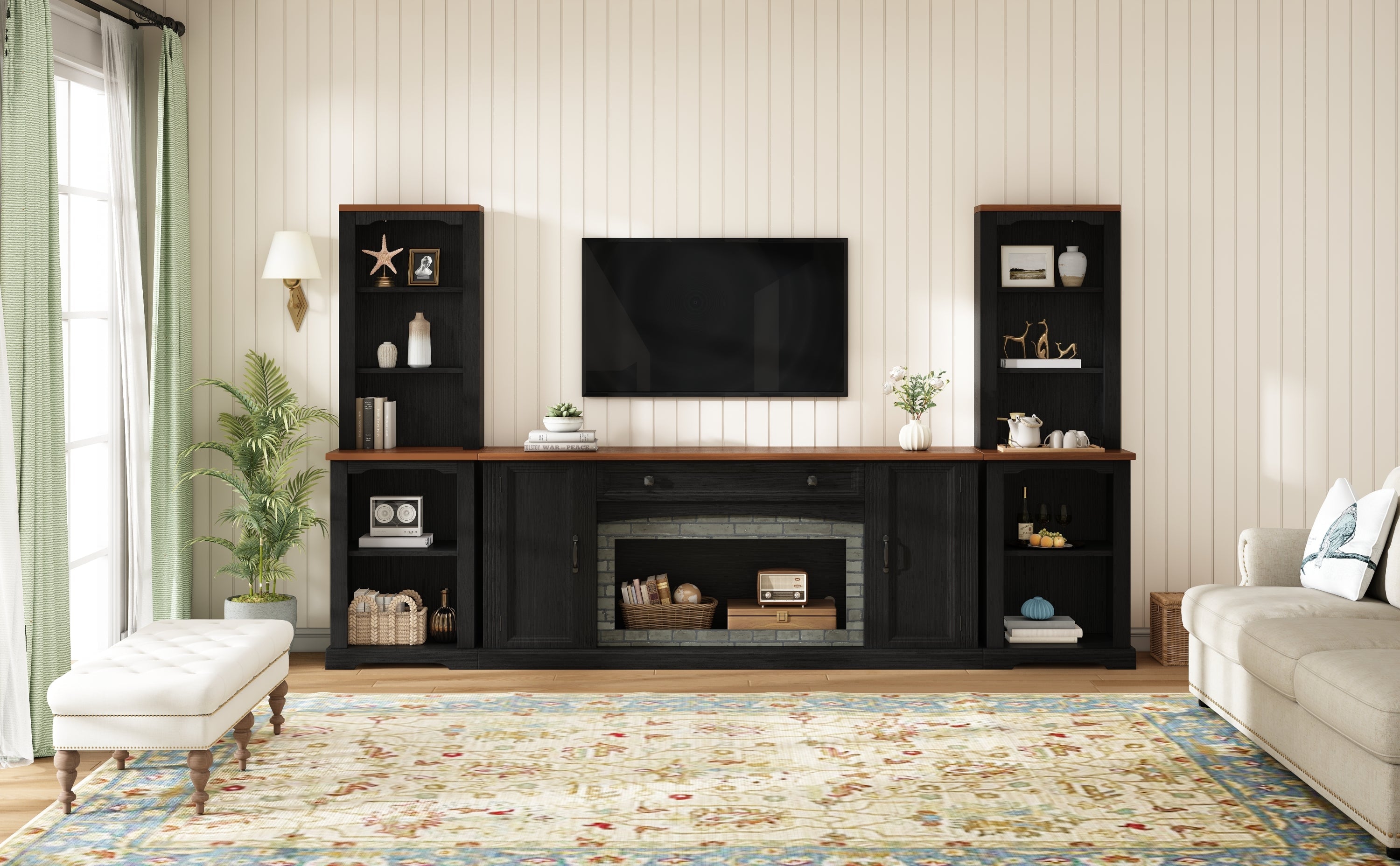 TV Stand 3-Piece Set MDF Walnut Gray Curved Cabinets Fits 70 In TV 109 In