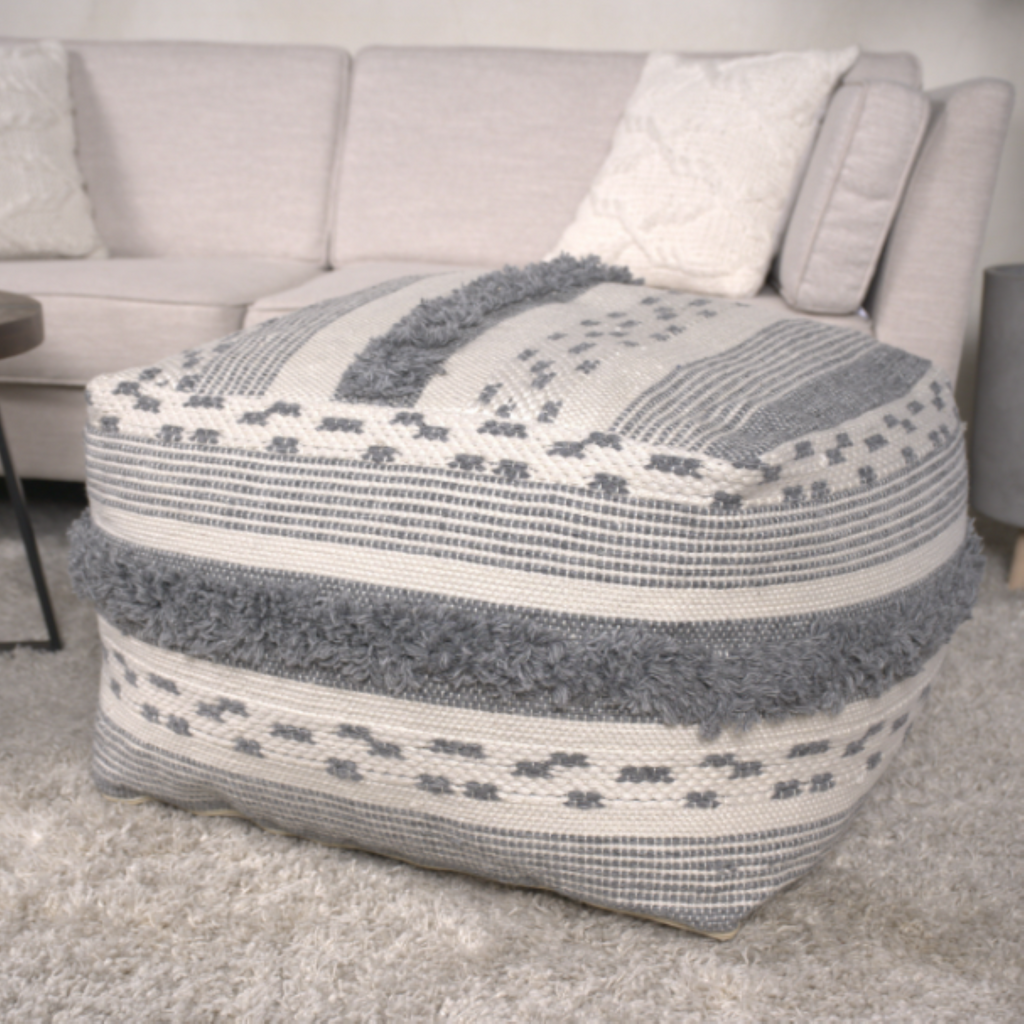 Large Faux Yarn Pouf, Ivory Grey Fabric, 26x26 Inches