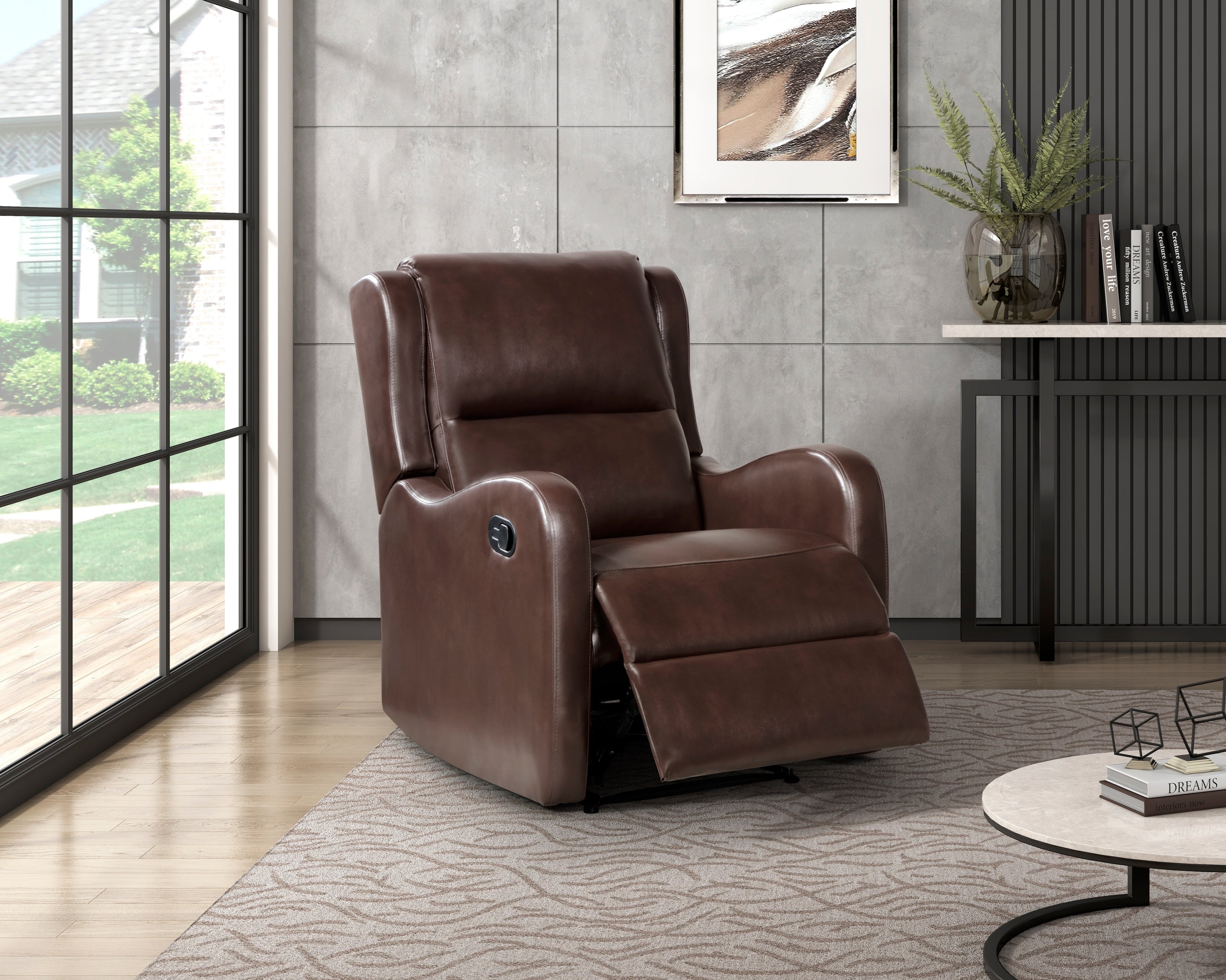 Brown Faux Leather Reclining Chair Wood Frame Living Room
