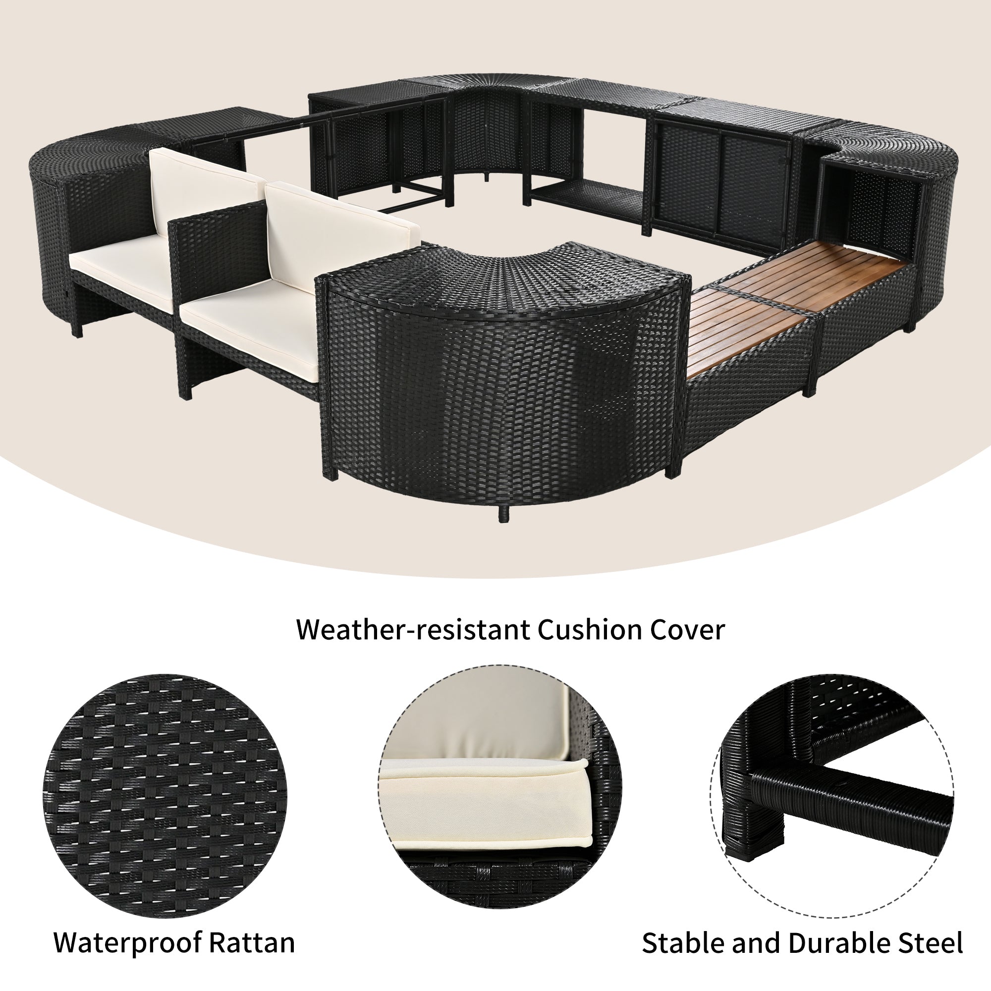Outdoor Rattan Sectional Sofa Set with Storage, Beige