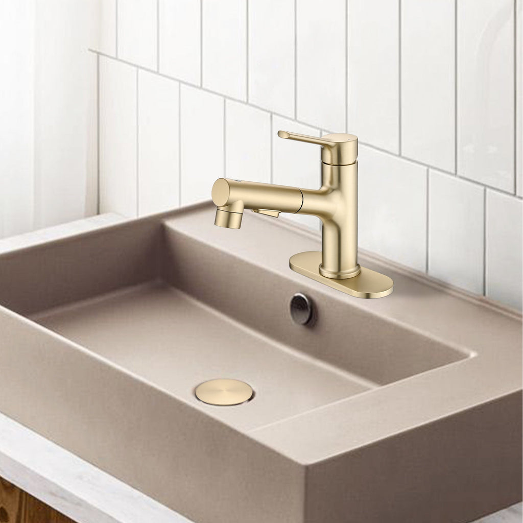 Brushed Gold Single Handle Pull Out Sprayer Bathroom Faucet