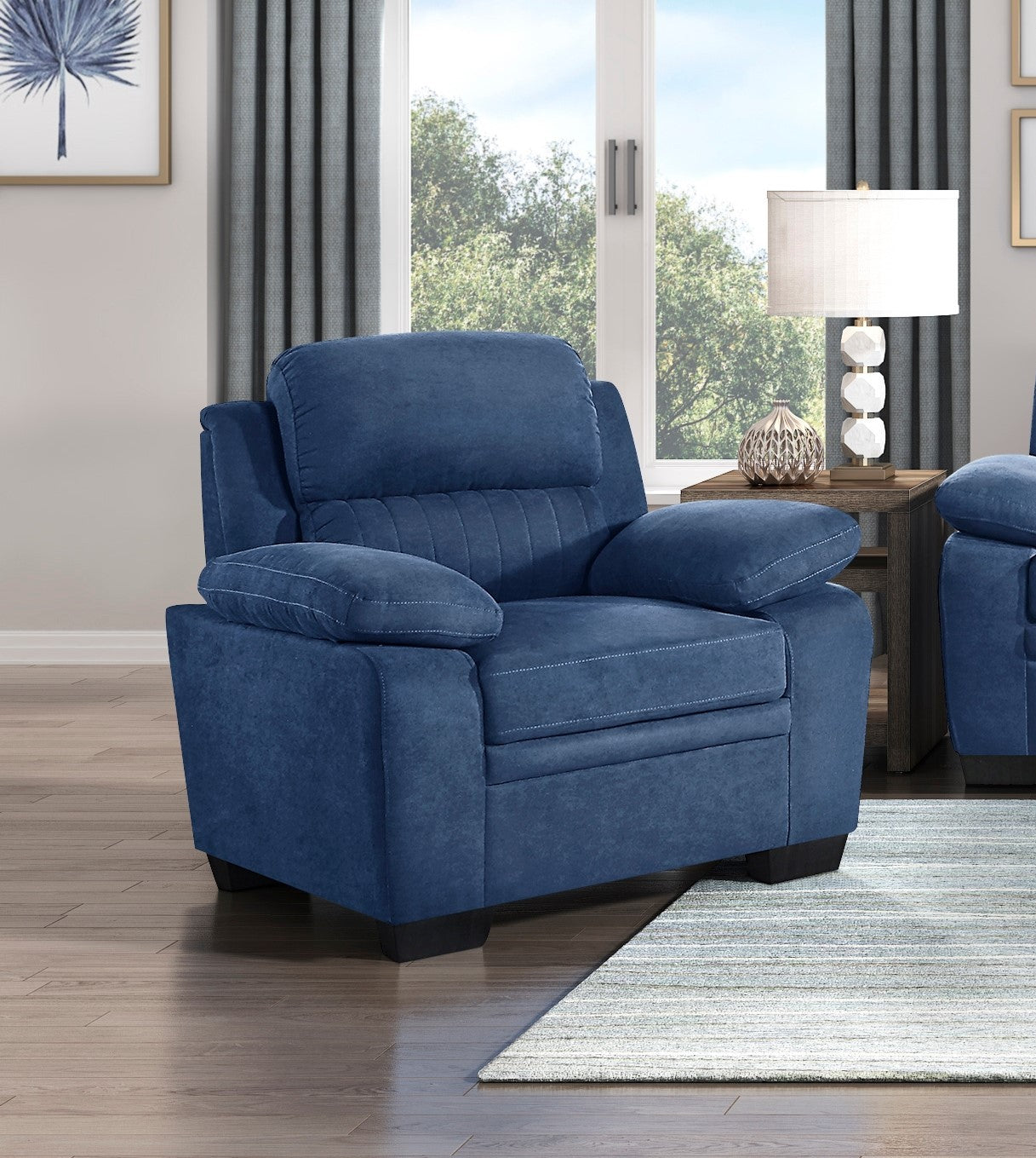 Blue Plush Accent Chair Channel Tufted Solid Wood Frame