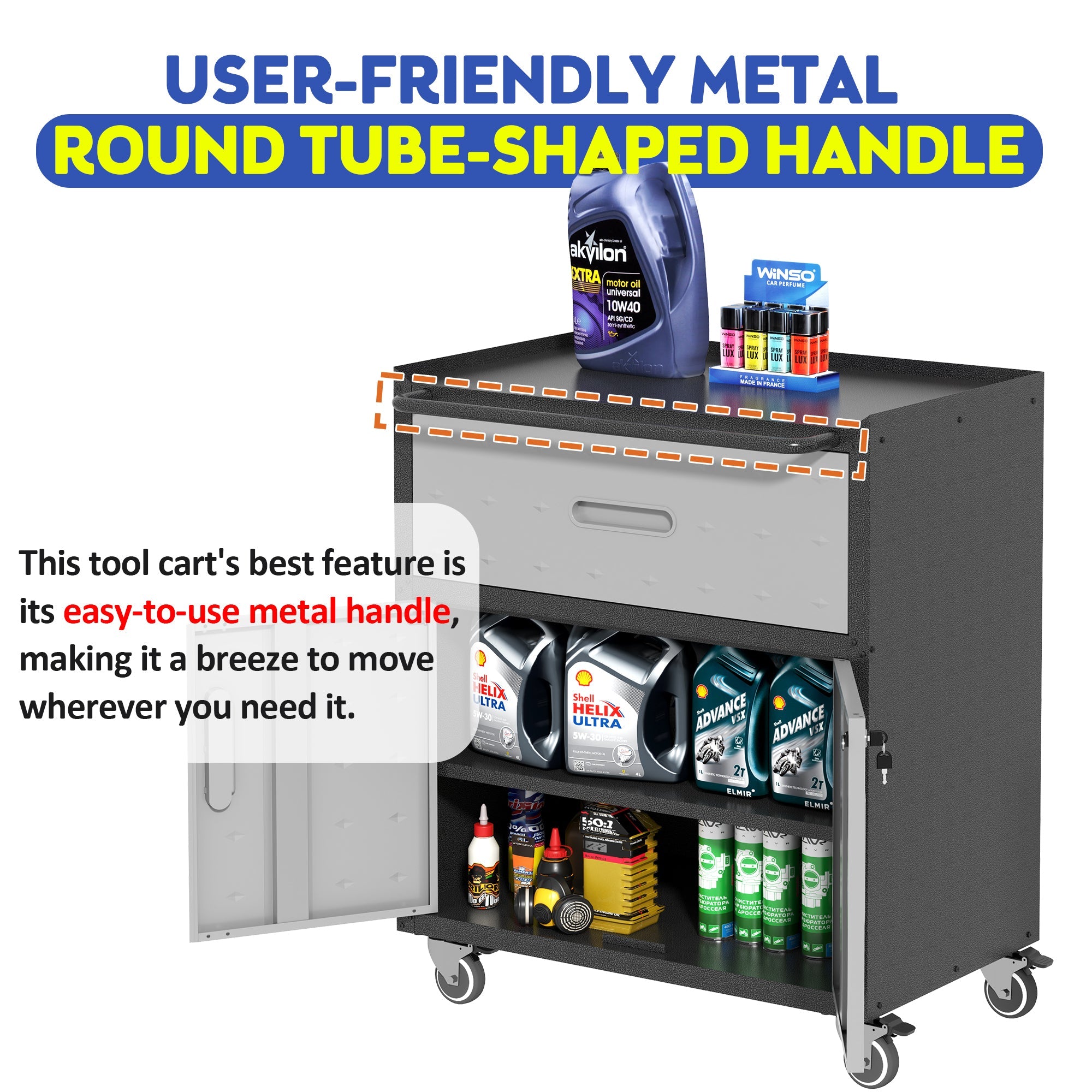 Metal Tool Cabinet with Wheels and Locking Doors