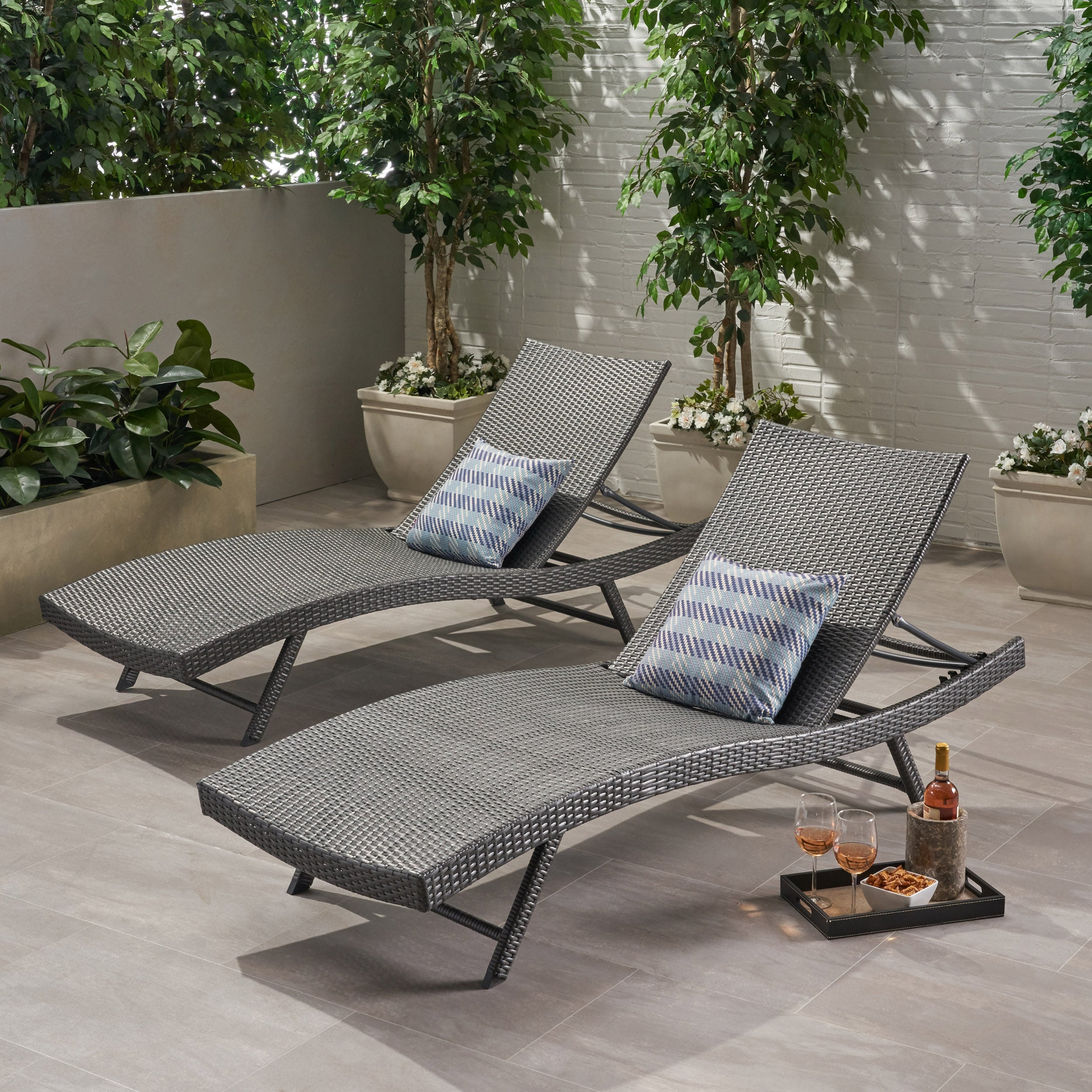 Set of 2 Grey Wicker Chaise Lounge Reclining Seats