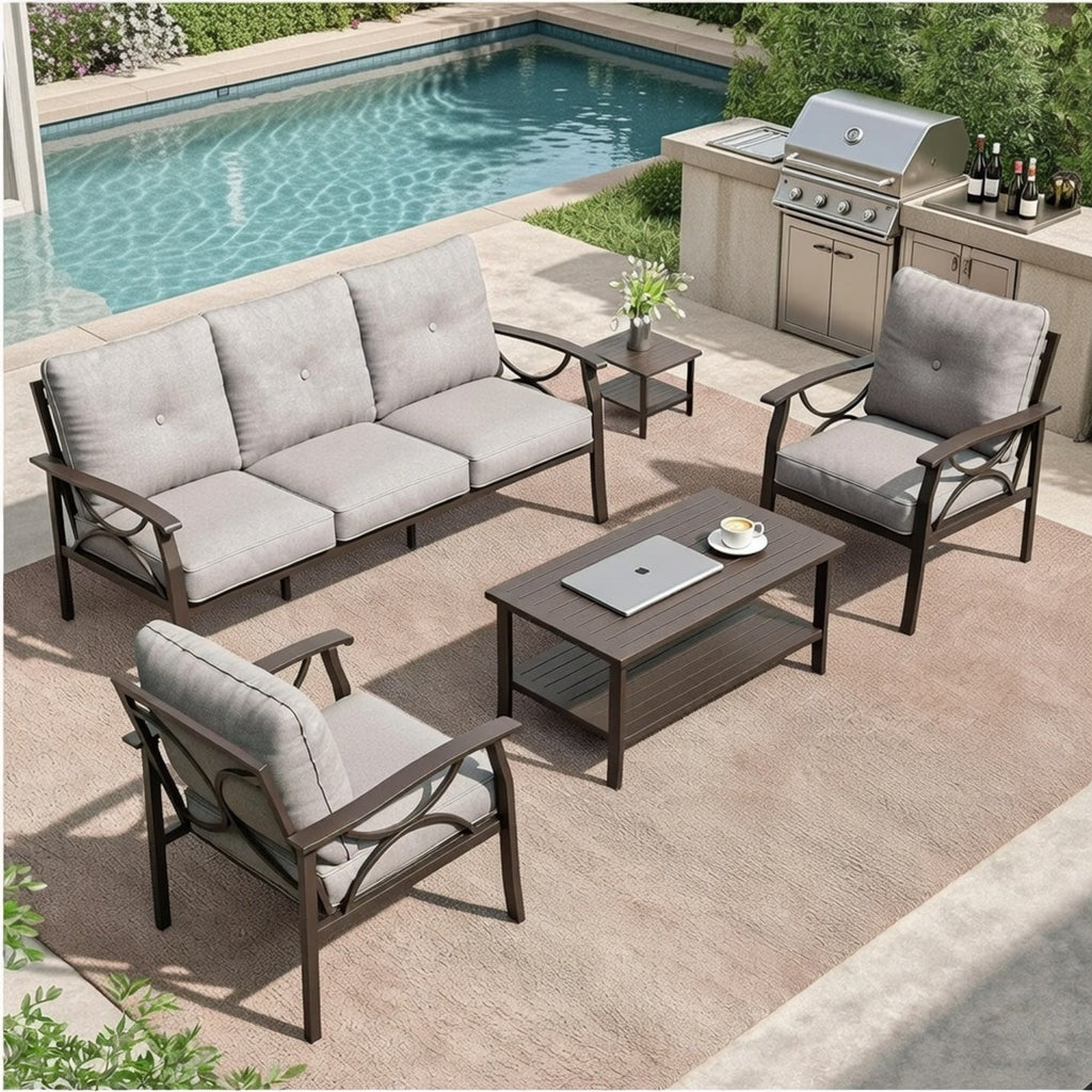 Outdoor Patio Set Steel 5 Piece Khaki Gray Cushions