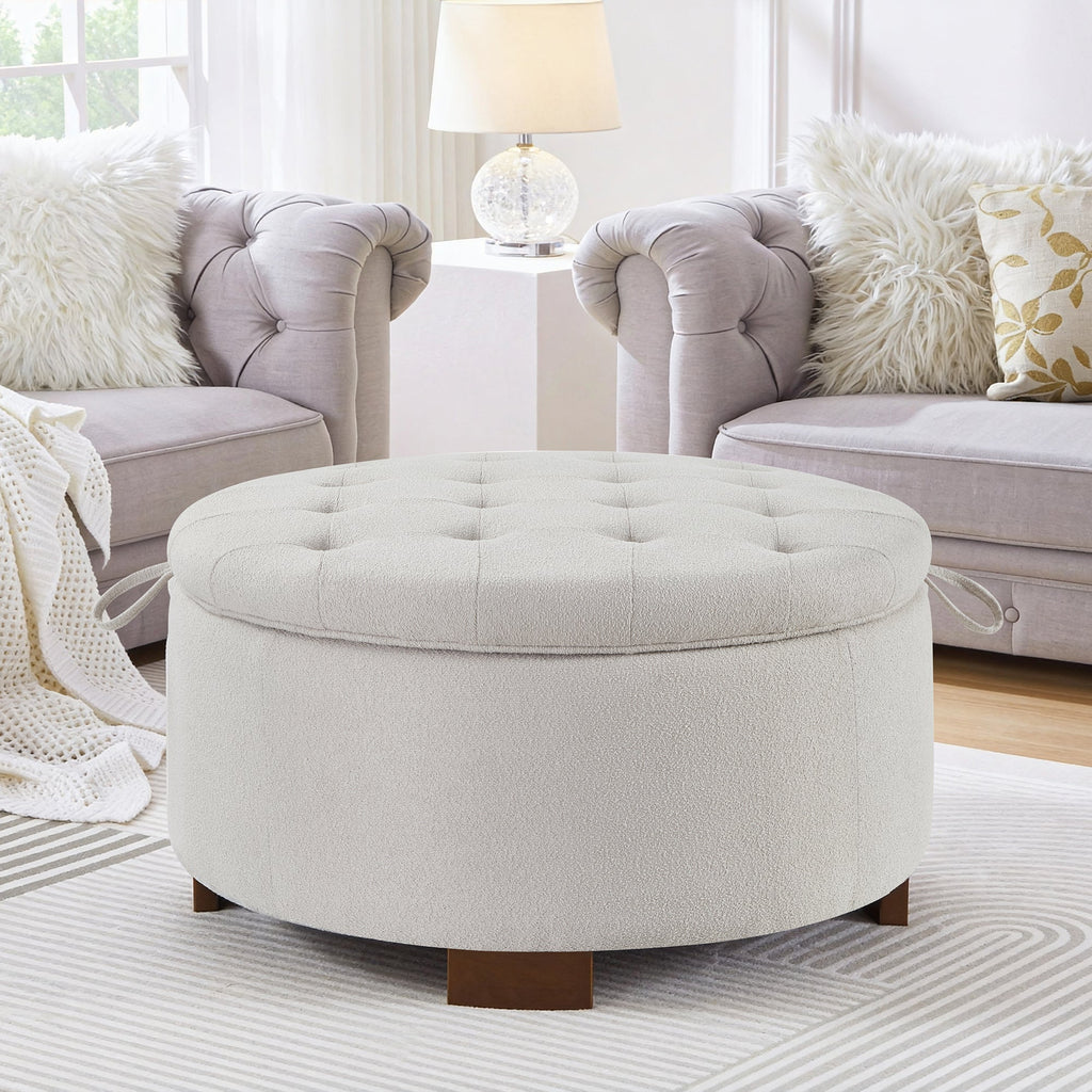Round Storage Ottoman with Reversible Lid, Boucle Fabric Upholstered, Beige