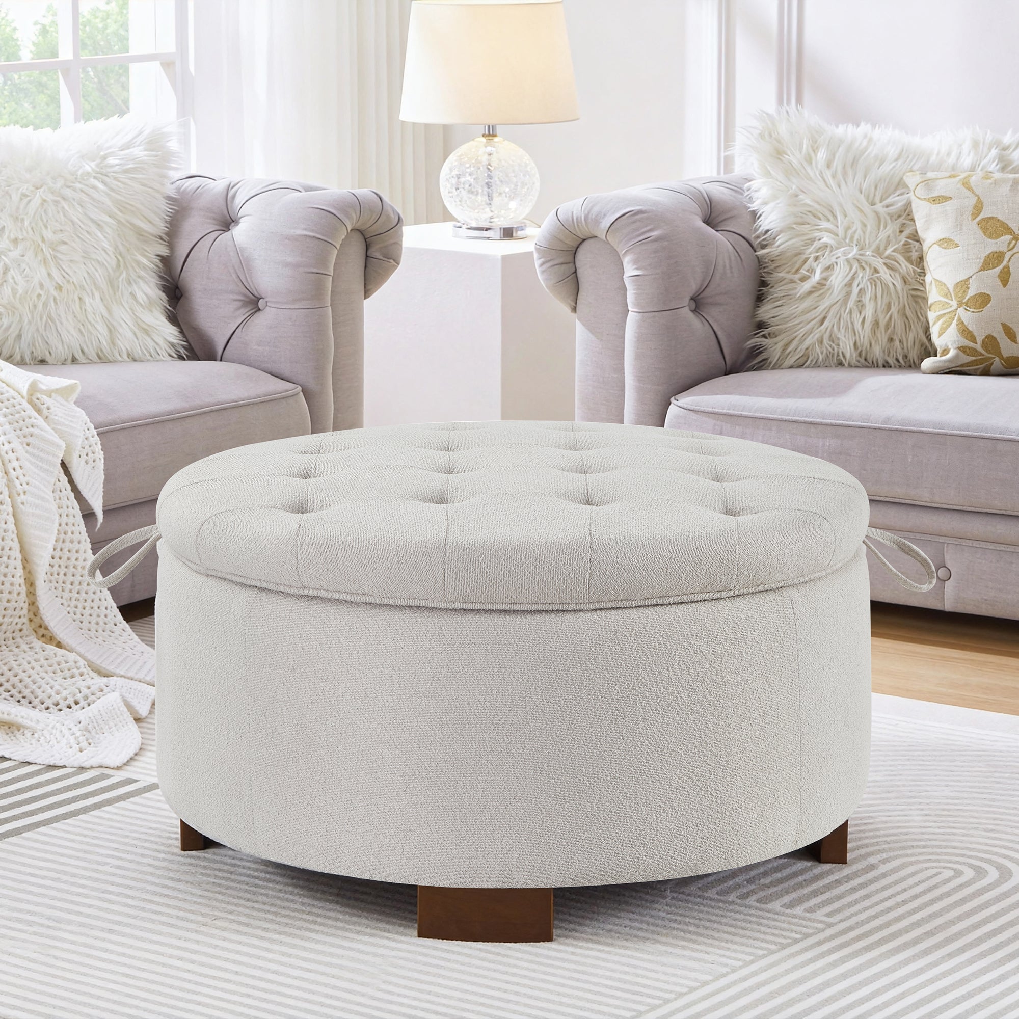 Round Storage Ottoman with Reversible Lid, Boucle Fabric Upholstered, Beige