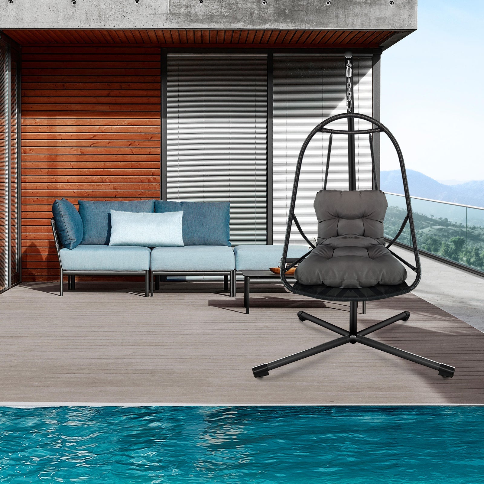 Wicker Rattan Swing Egg Chair with Stand Indoor Outdoor