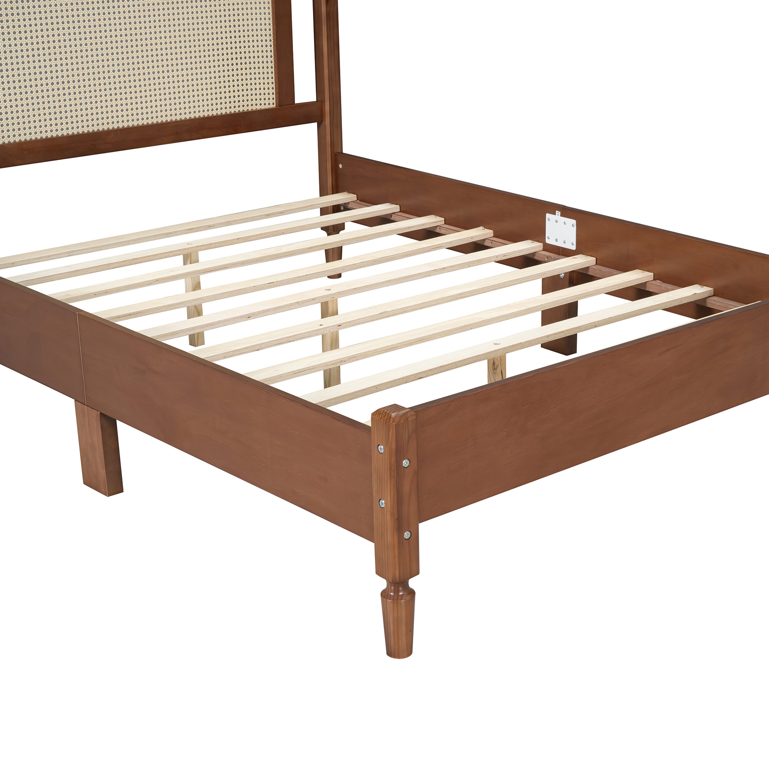 Full Size Wooden Platform Bed with Rattan Headboard