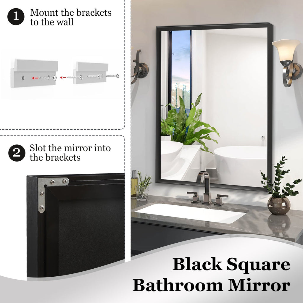 40x30" Glossy Black Bathroom Vanity Mirror Rectangle Wall Mount