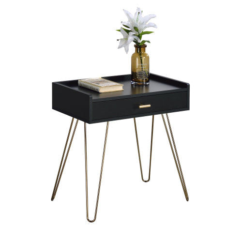 End Table - Storage Drawer - Black Wood with Gold Hairpin Legs