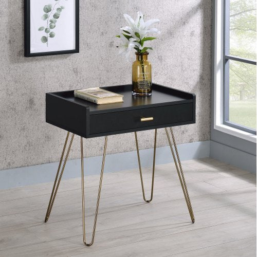 End Table - Storage Drawer - Black Wood with Gold Hairpin Legs