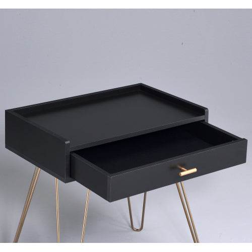 End Table - Storage Drawer - Black Wood with Gold Hairpin Legs