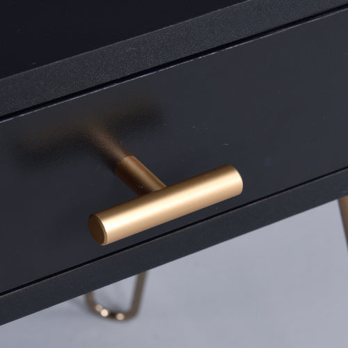 End Table - Storage Drawer - Black Wood with Gold Hairpin Legs