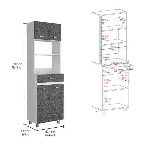 Microwave Cabinet - White & Smokey Oak - Double Doors & Shelf