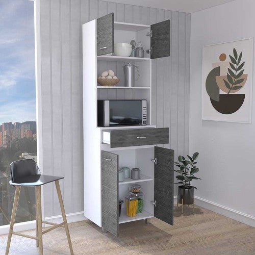 Microwave Cabinet - White & Smokey Oak - Double Doors & Shelf